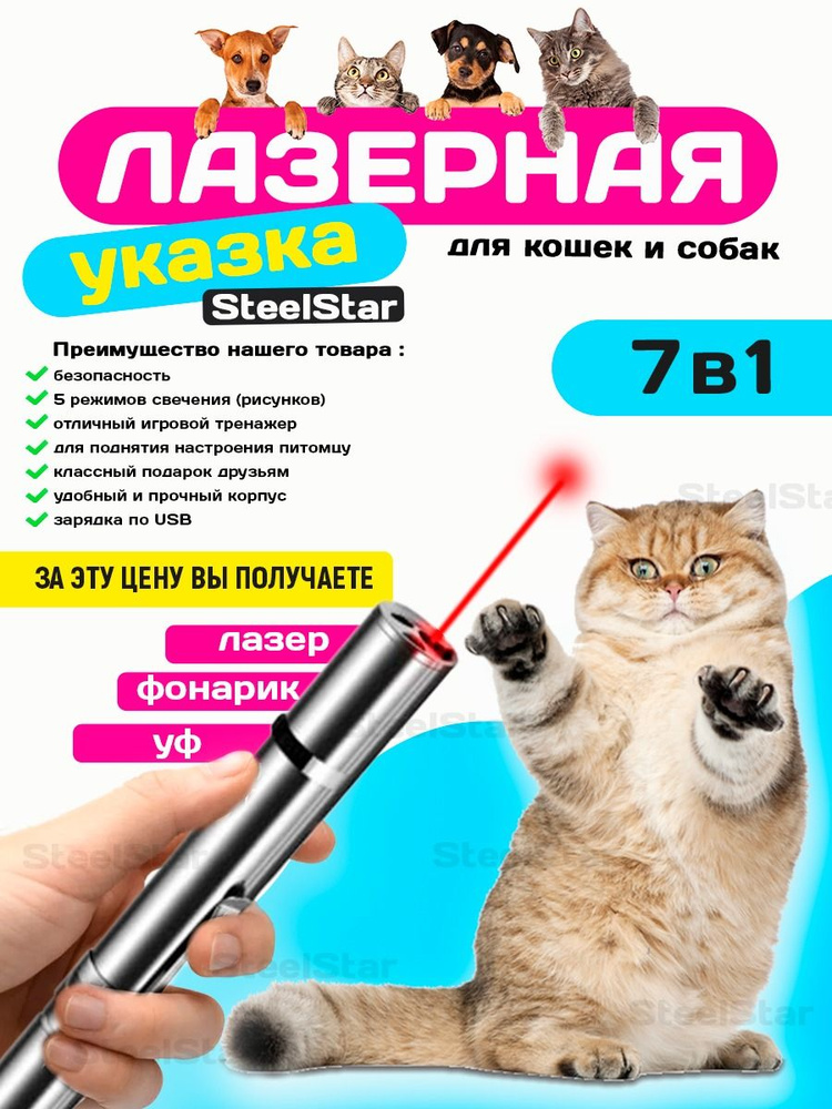 Лазерная указка 7 в 1 для кошек и собак, Лазер, УФ, Фонарик, с USB зарядкой  #1