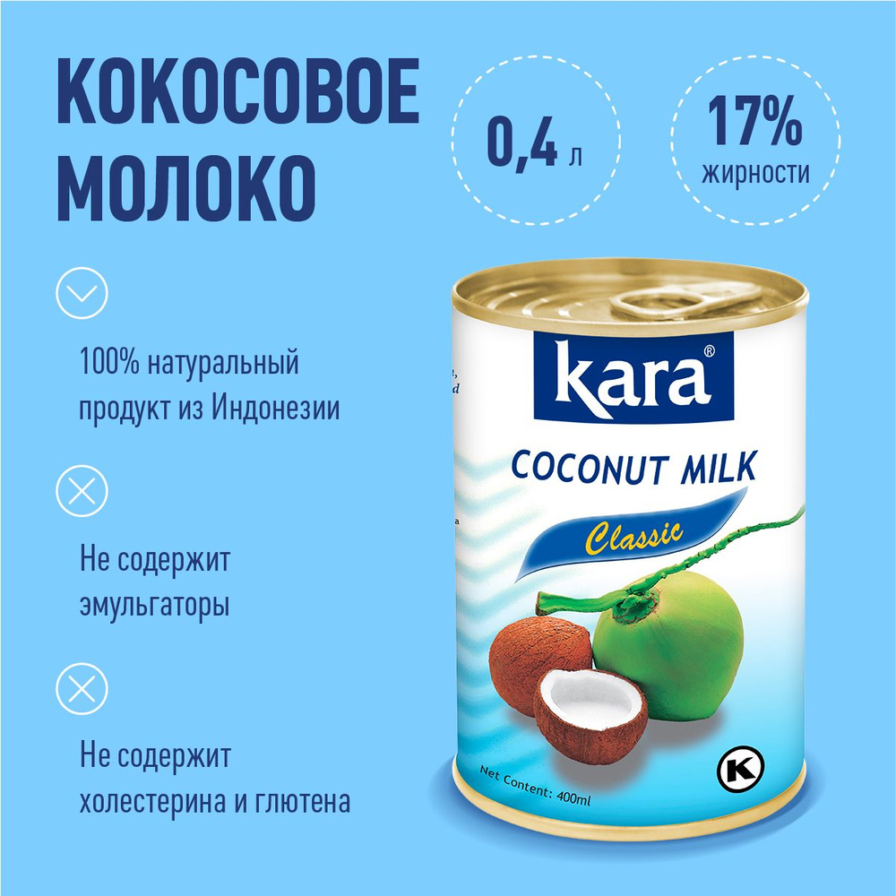 Кокосовое молоко растительное Кara Classic, безлактозное, без сахара,  жирность 17%, 400 мл