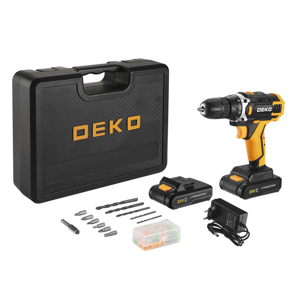 Дрель-шуруповерт DEKO DKCD20FU-Li-ion в кейсе + 63 аксессуара, 2х1.5 Ач ...