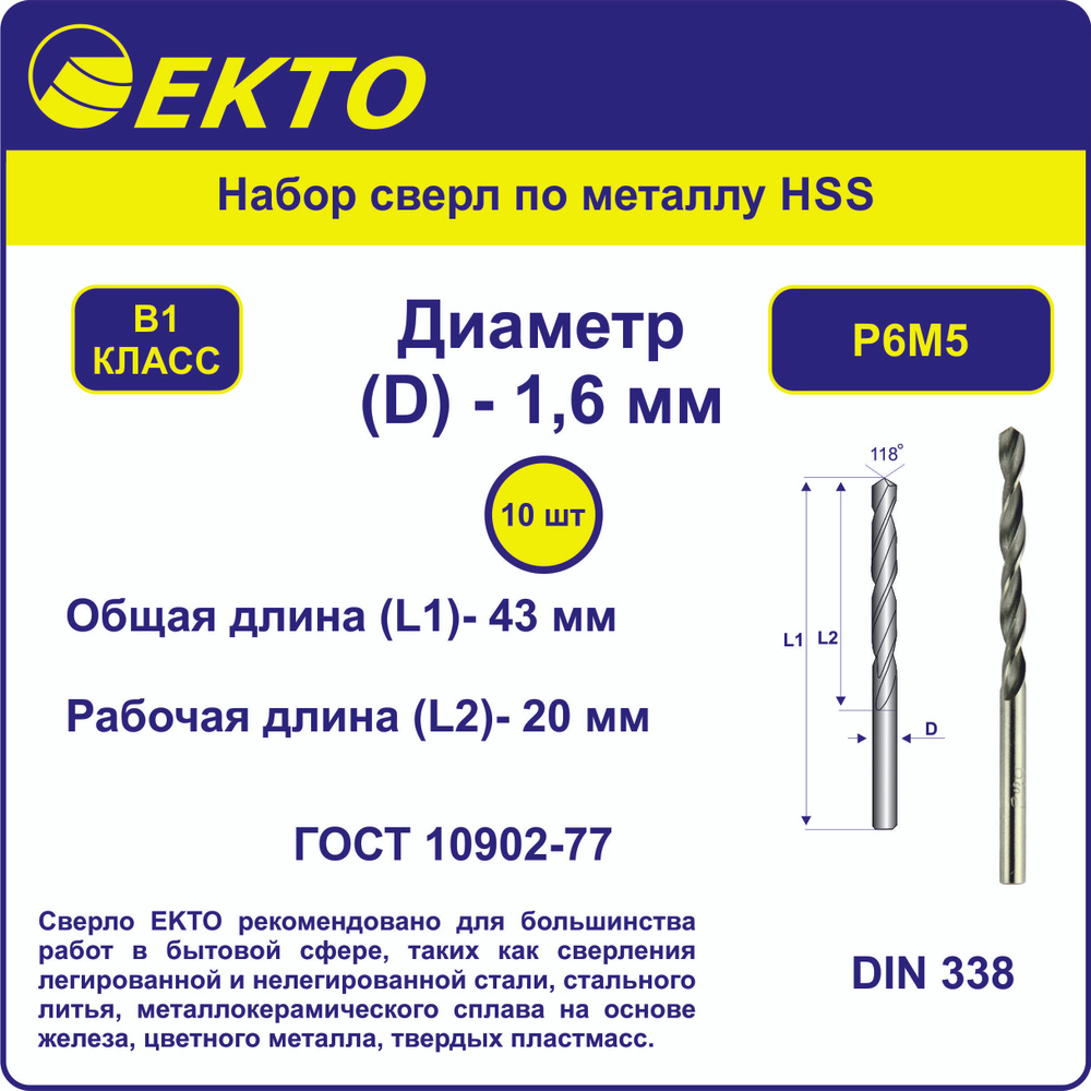 Набор сверл по металлу 1.6 мм, быстрорежущая сталь HSS EKTO, 10 шт  #1