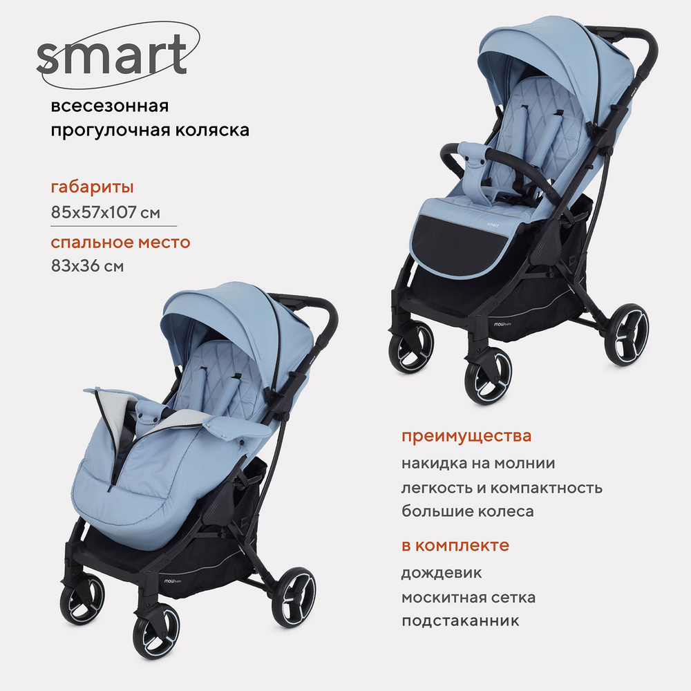 Коляска MowBaby Smart прогулочная детская всесезонная с большими колесами,  Blue 2023 - купить с доставкой по выгодным ценам в интернет-магазине OZON  (922612943)