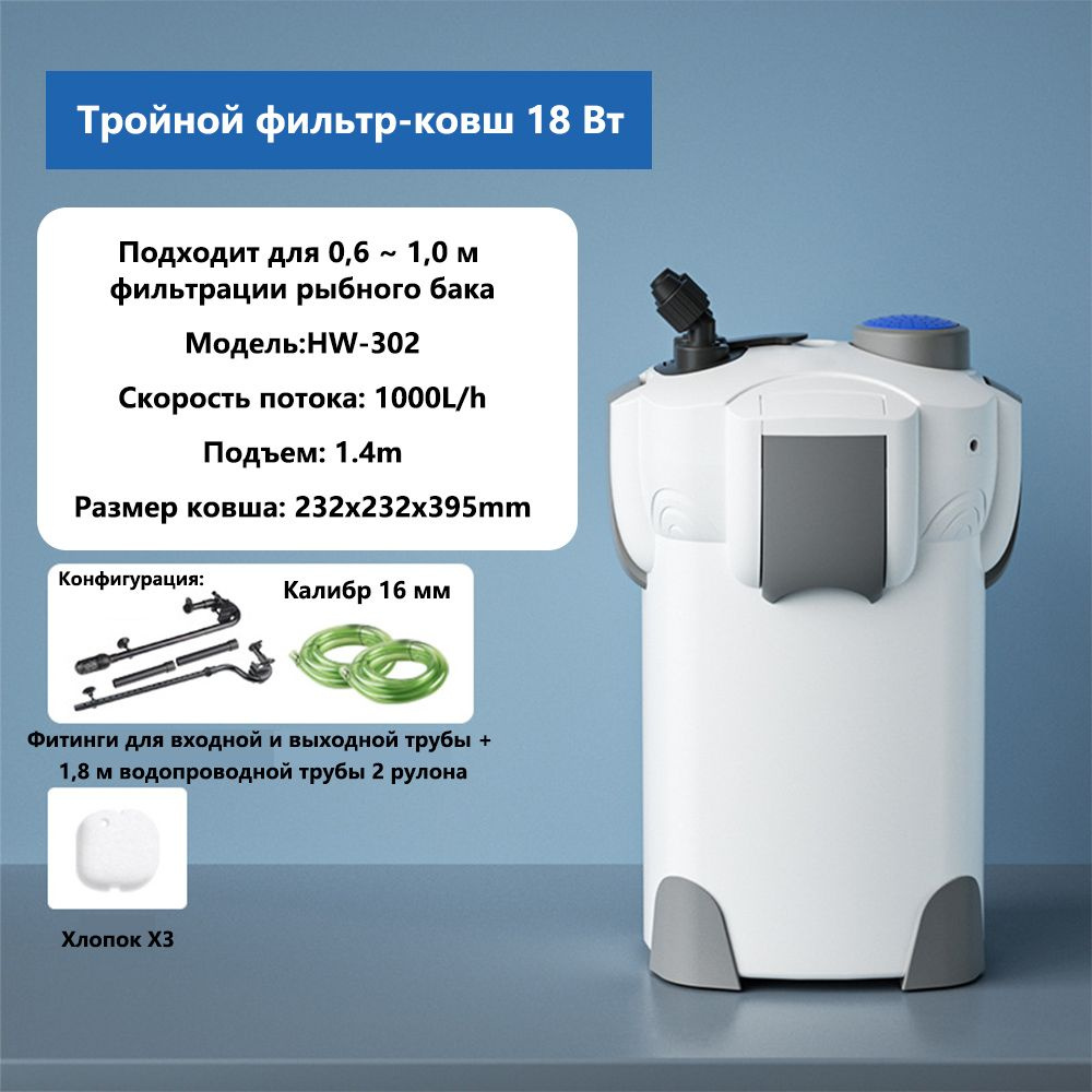 Внешний фильтр для аквариума, SUNSUN HW-302 18 Вт 1000Л/ч полный комплект аксессуаров  #1