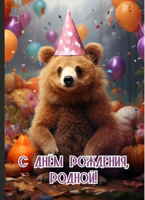 Открытка с шоколадом "С Днем Рождения, родной!" Медведь в колпаке  #1