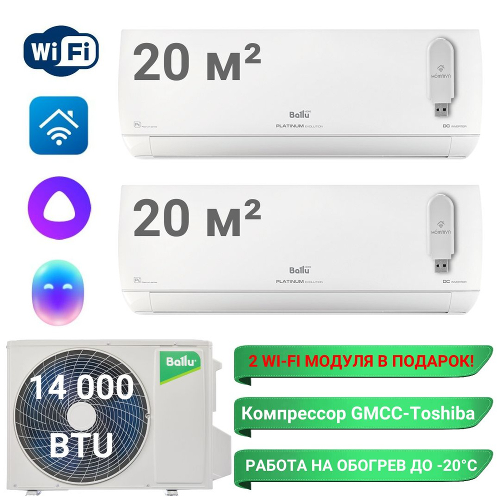 Инверторная мульти сплит-система BALLU на 2 комнаты (20 м2 + 20 м2)  BA2OI-FM/out-14HN8/EU + 2 x BSUI-FM/in-07HN8/EU - купить по доступным ценам  в интернет-магазине OZON (756375362)