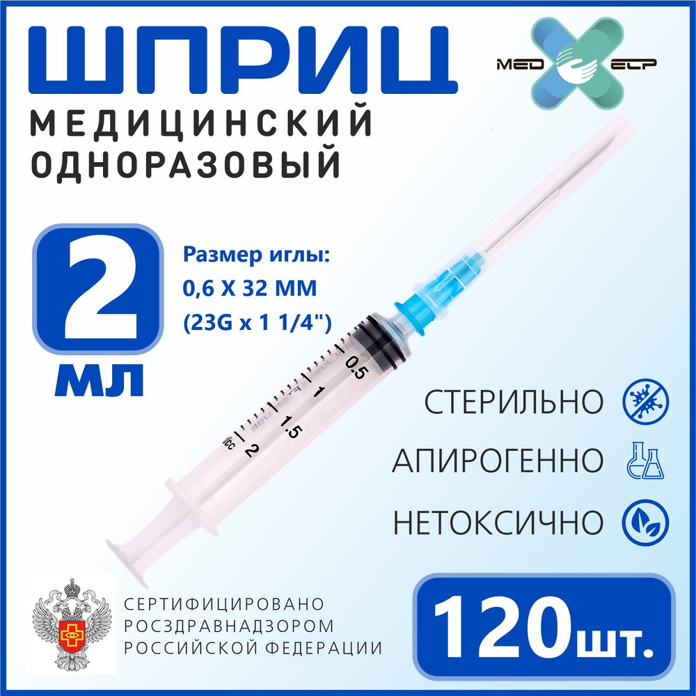 Шприц MED ELP одноразовый стерильный 3- х комп. 2 мл. с иглой "Луер" / (упаковка из 120 шт.) #1