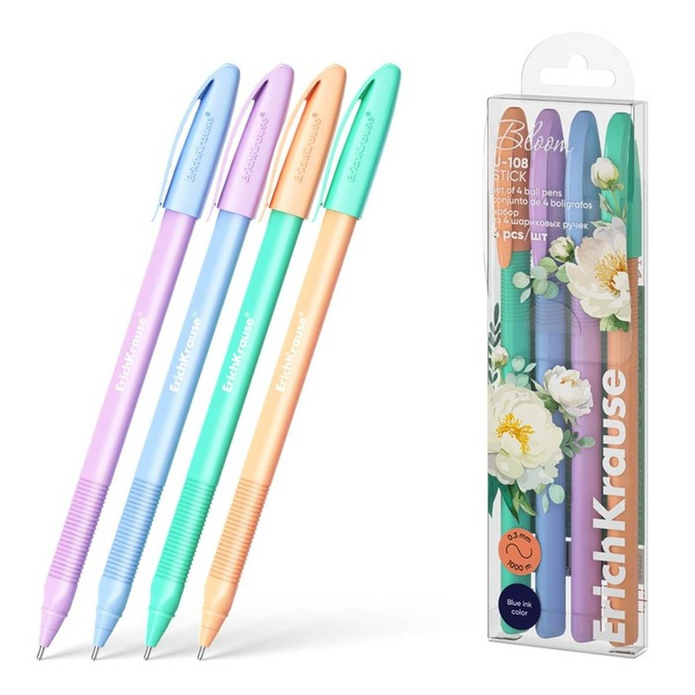 Набор ручек шариковых 4 штуки, ErichKrause U-108 Stick "Pastel Bloom" игольчатый узел 1.0 мм, чернила #1