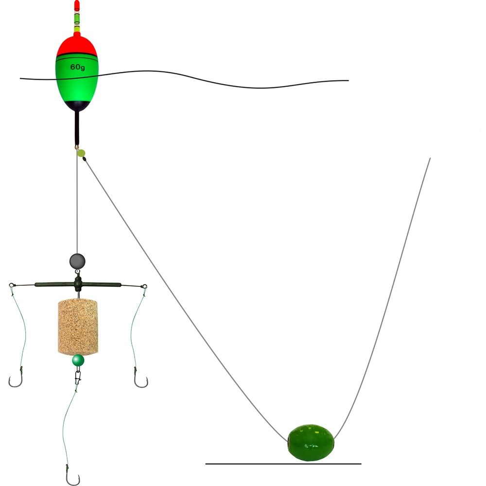 Монтаж на толстолобика №12 : EVA-поплавок 60г с усиленным килем, оснастка Т-образная, 3 крючка Iseama #1
