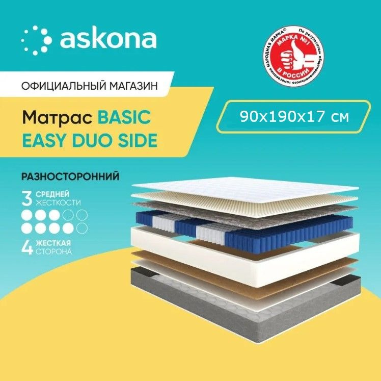 ASKONA Матрас (АСКОНА) Basic Easy Duo Side, анатомический, Независимые пружины, 90х190 см  #1