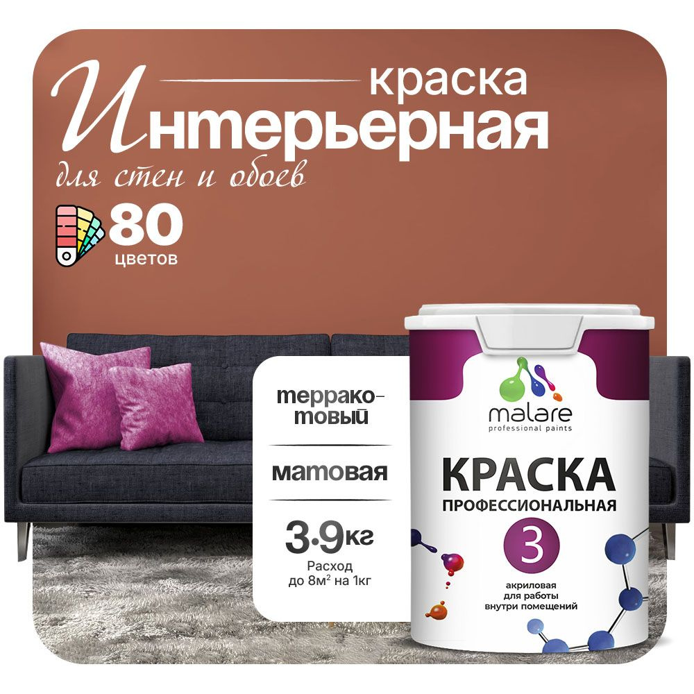 Краска Malare Professional Euro №3 интерьерная для стен и обоев, для потолка, акриловая, быстросохнущая, #1