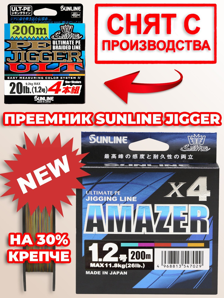 Плетеный шнур для рыбалки Sunline Amazer ULT PE X4 #1.2 (26lb) 200m это обновленный Sunline Jigger ULT #1