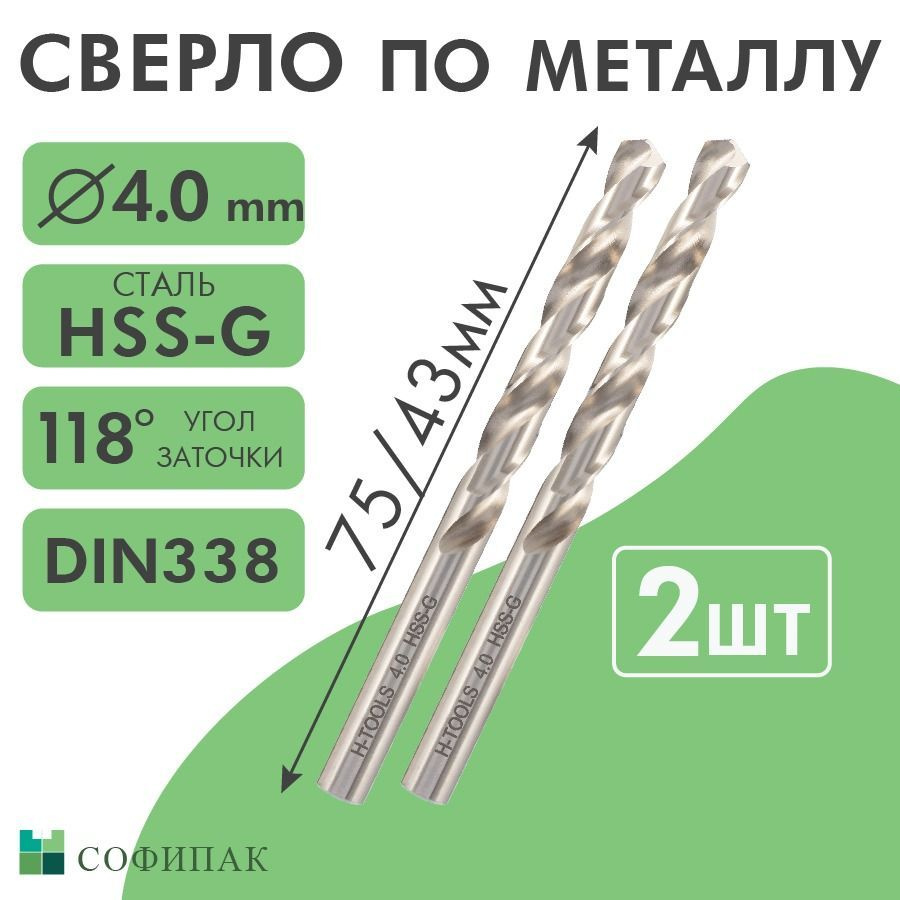 Сверло по металлу H-Tools Pro 4,0x75/43мм DIN338 HSS-G 118, 2шт #1