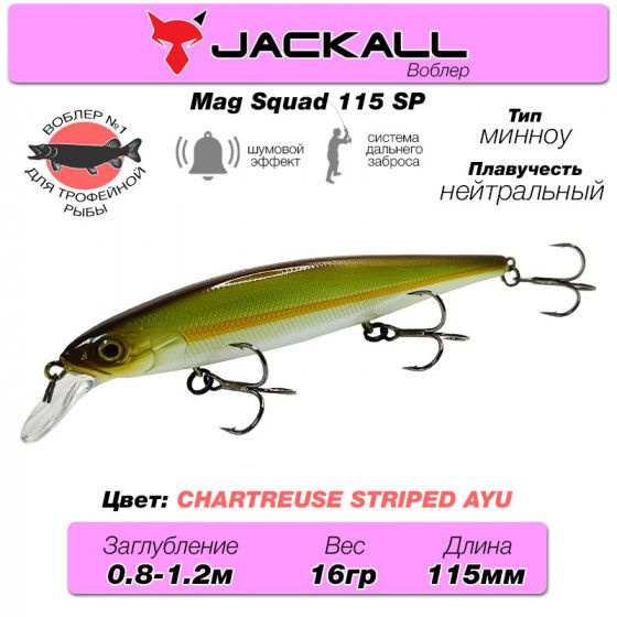 Уловистый воблер на щуку Jackall Mag Squad 115 SP цв. chartreuse striped ayu / Снасти рыболовные Воблер #1