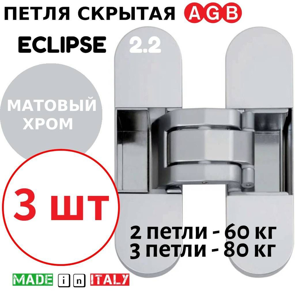 Петли скрытые AGB Eclipse 2.2 (матовый хром) Е30200.85.34 + накладки Е30200.87.34 (3шт)  #1