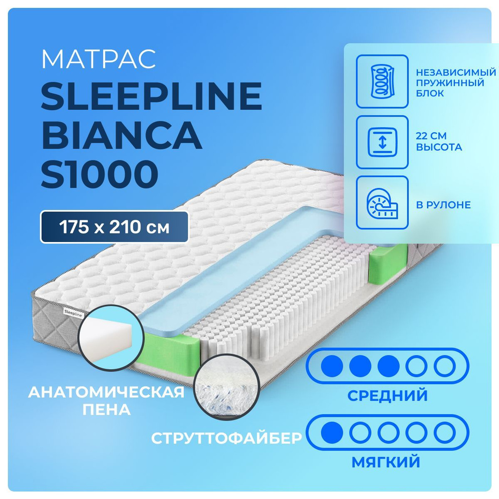 Матрас 175х210 Sleepline Bianca S1000, независимые пружины, двусторонний с разной жесткостью, мягкий, #1