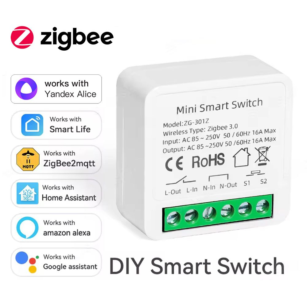 Умное реле Zigbee с Алисой, Одноканальный,16А, работает с zigbee2mqtt ...