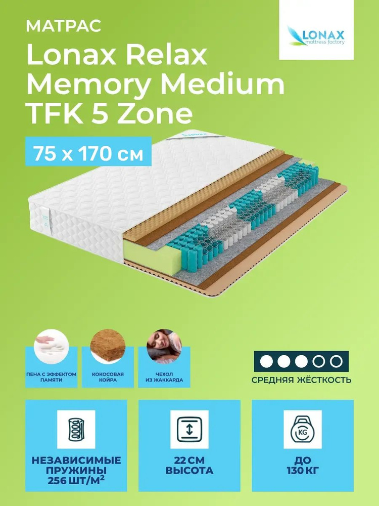 Матрас 75х170 Lonax Relax Memory Medium TFK 5 Zone, независимые пружины, двусторонний с одинаковой жесткостью, #1
