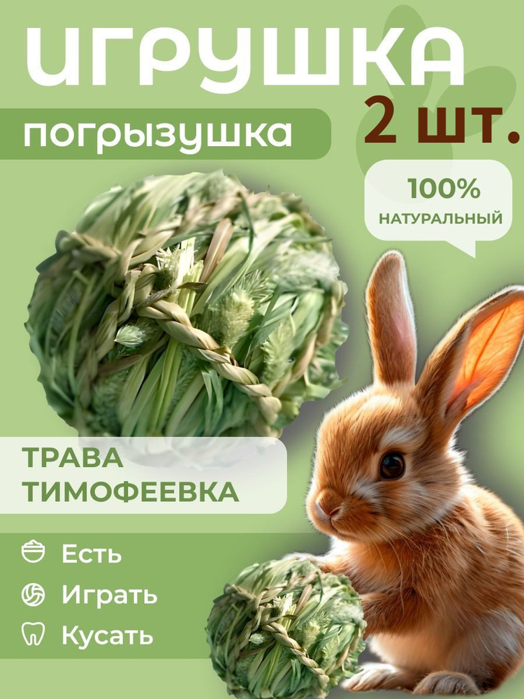Травяной шар для грызунов 2 шт., игрушка-лакомство из тимофеевки, шар для сточки зубов, натуральная погрызушка #1