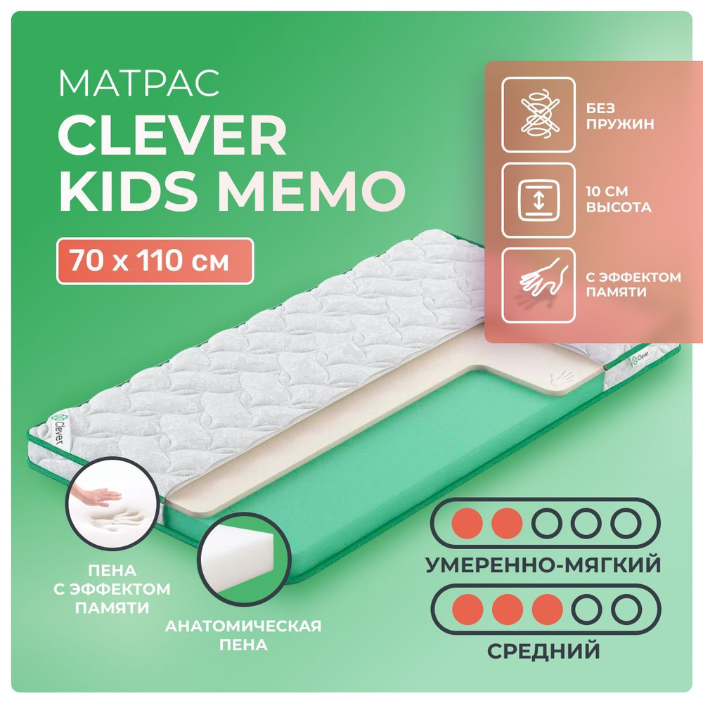 Детский матрас 70х110 Clever Kids Memo, с эффектом памяти формы, с пеной, в жаккардовом чехле, детский #1