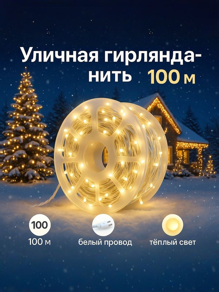 Уличная гирлянда катушка на белом проводе 100м / Уличная гирлянда нить с постоянным светом и белым мерцанием #1