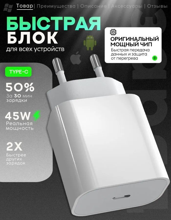 Блок для быстрой зарядки iPhone 45W Type-C Apple, Android / адаптер /зарядное устройство для телефона #1