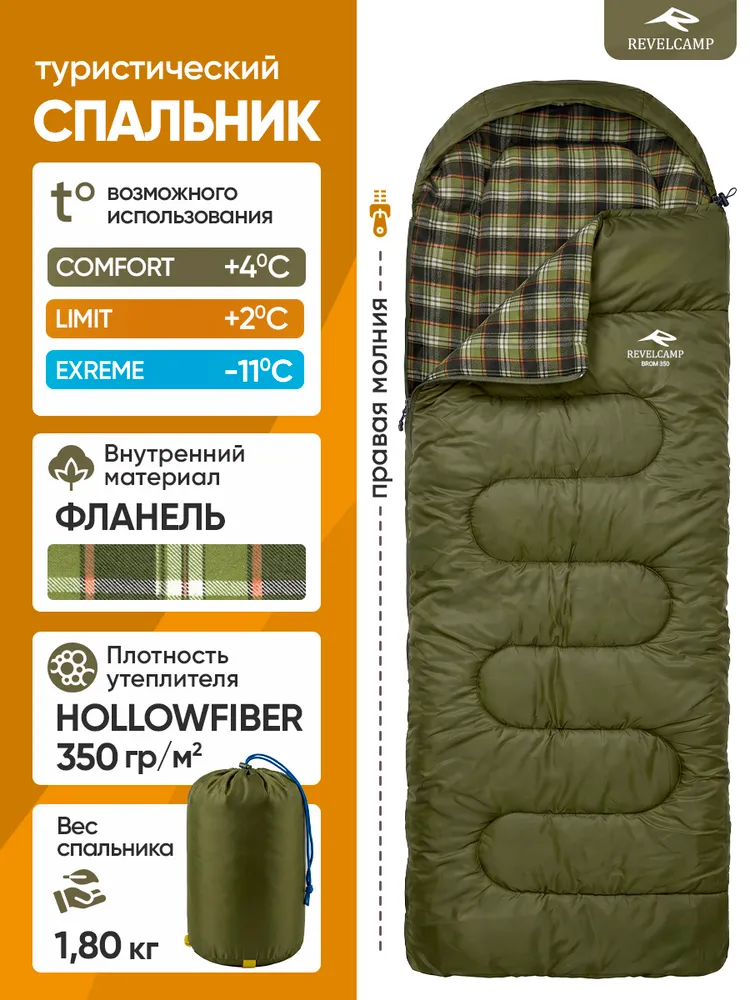 Спальный мешок туристический REVELCAMP Brom 350 Flanel, правая молния, вариант