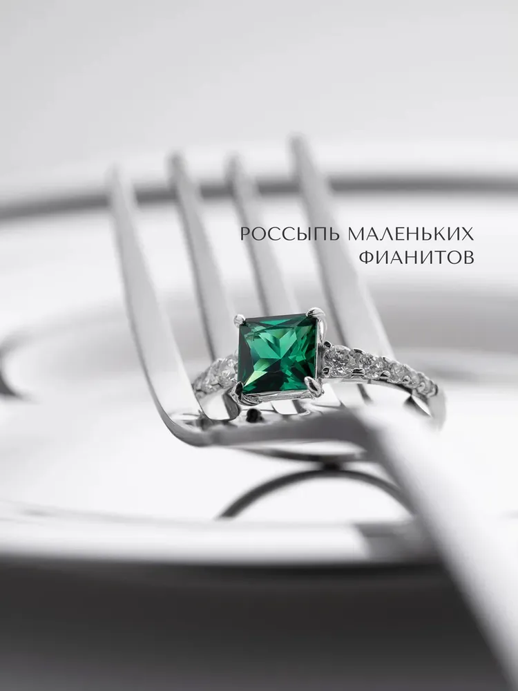 SILVERME Кольцо женское серебро помолвочное, серебряное кольцо с зеленым камнем, размер 18, серебристый, фото 4