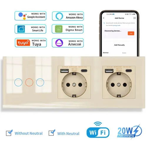 Умный сенсорный WIFI выключатель с розеткой USB и Type C портами в одной стеклянной рамке, трехклави