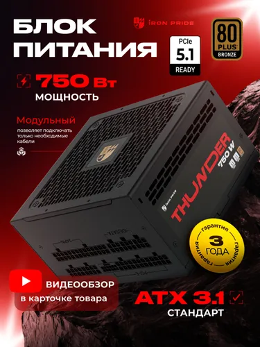 Блок питания Thunder 750W Black 80+Bronze ATX3.1+PCI-E 5.1(12V 2x6)+DC-DC+APFC+Модульный+3 года гара