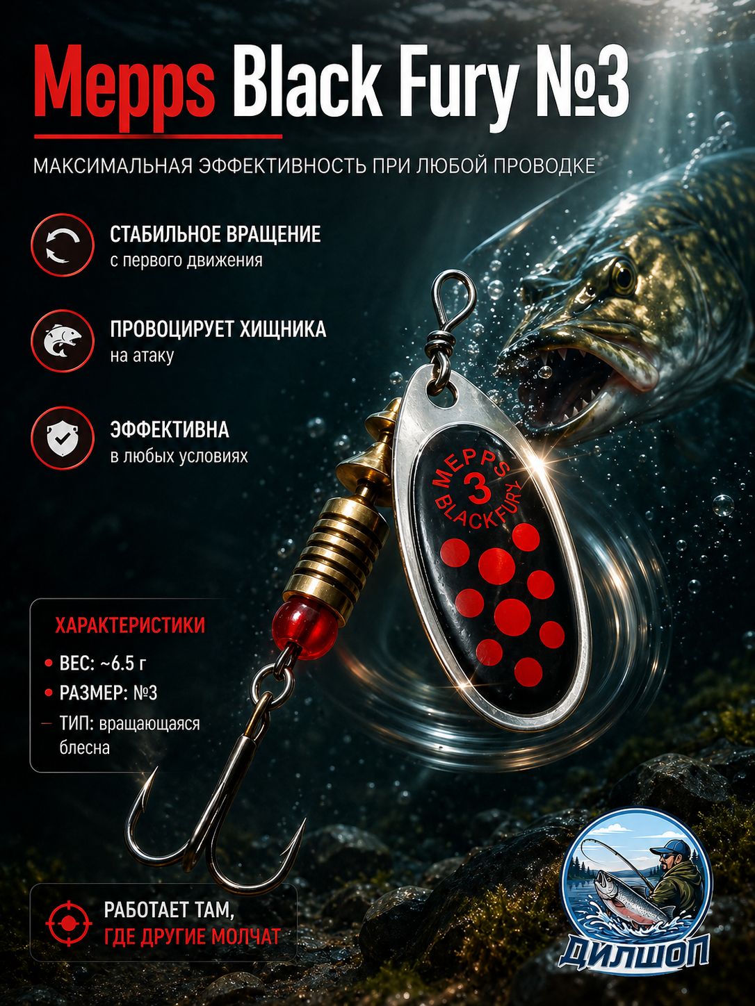 Блесна вращающаяся для рыбалки Mepps BLACK FURY №3 на щуку, окуня, форель