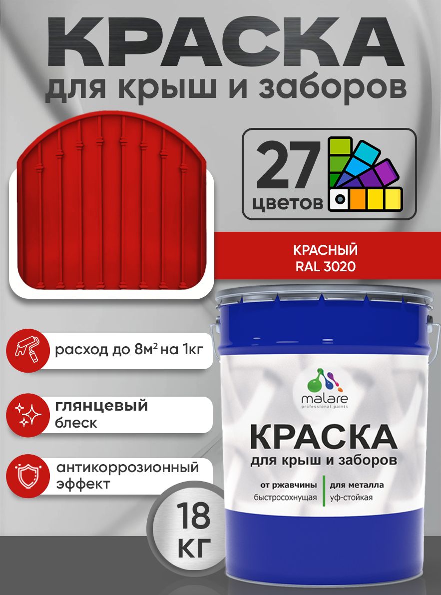 Краска по металлу Malare для крыш и заборов по ржавчине, для наружных работ, быстросохнущая износостойкая RAL 3020 красный, глянцевая, 18 кг