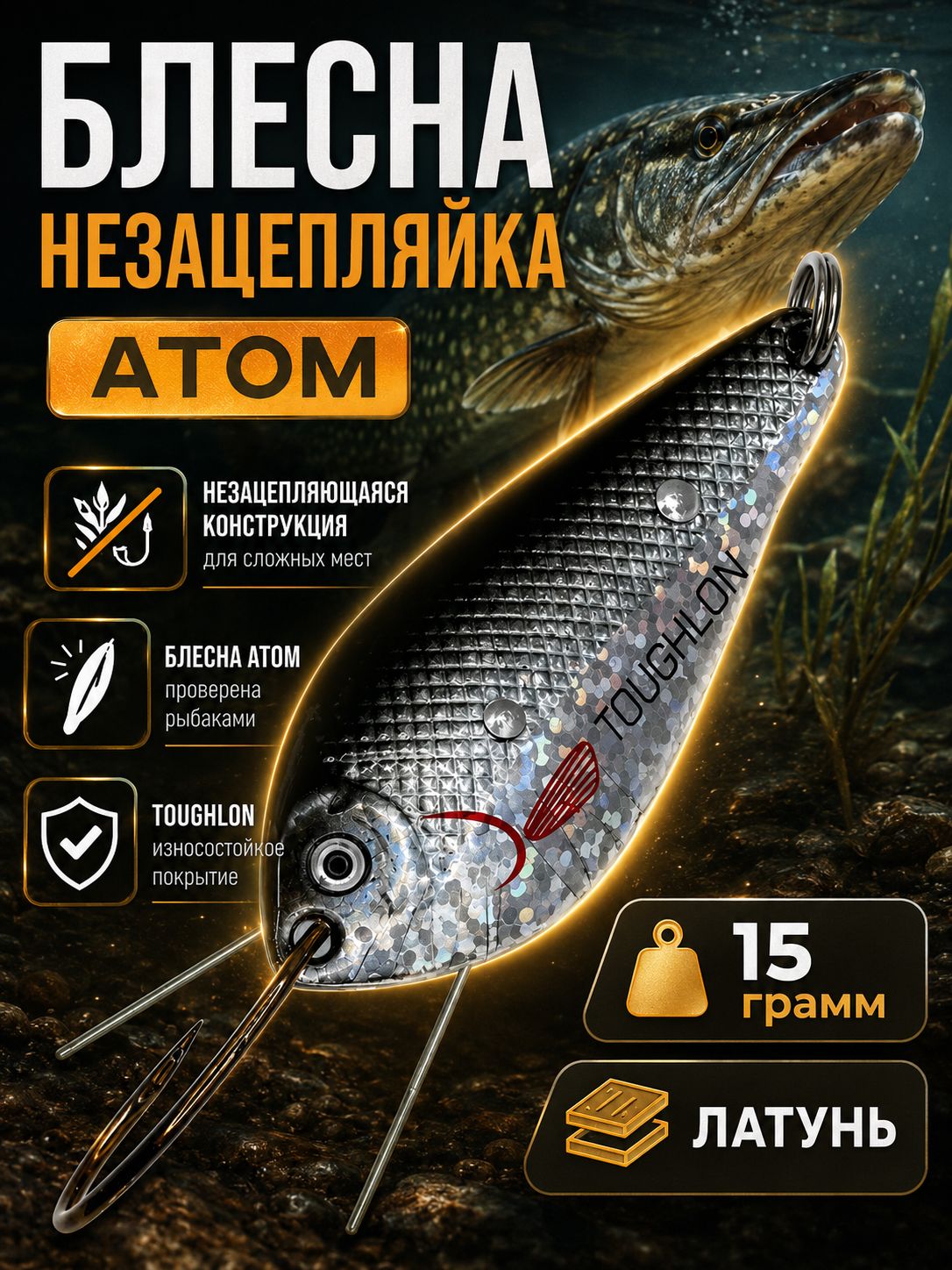 Блесна незацепляйка атом колебалка на щуку, жереха и судака 15 гр.