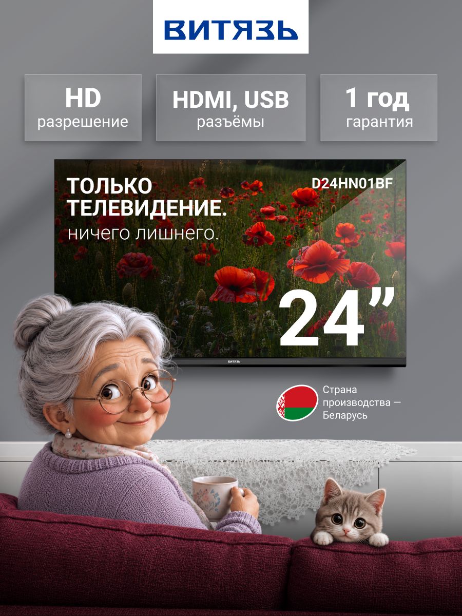 ВитязьТелевизорD24HN01BF,спультомДУ,HD,DLED,timeshift,24″HD,черный
