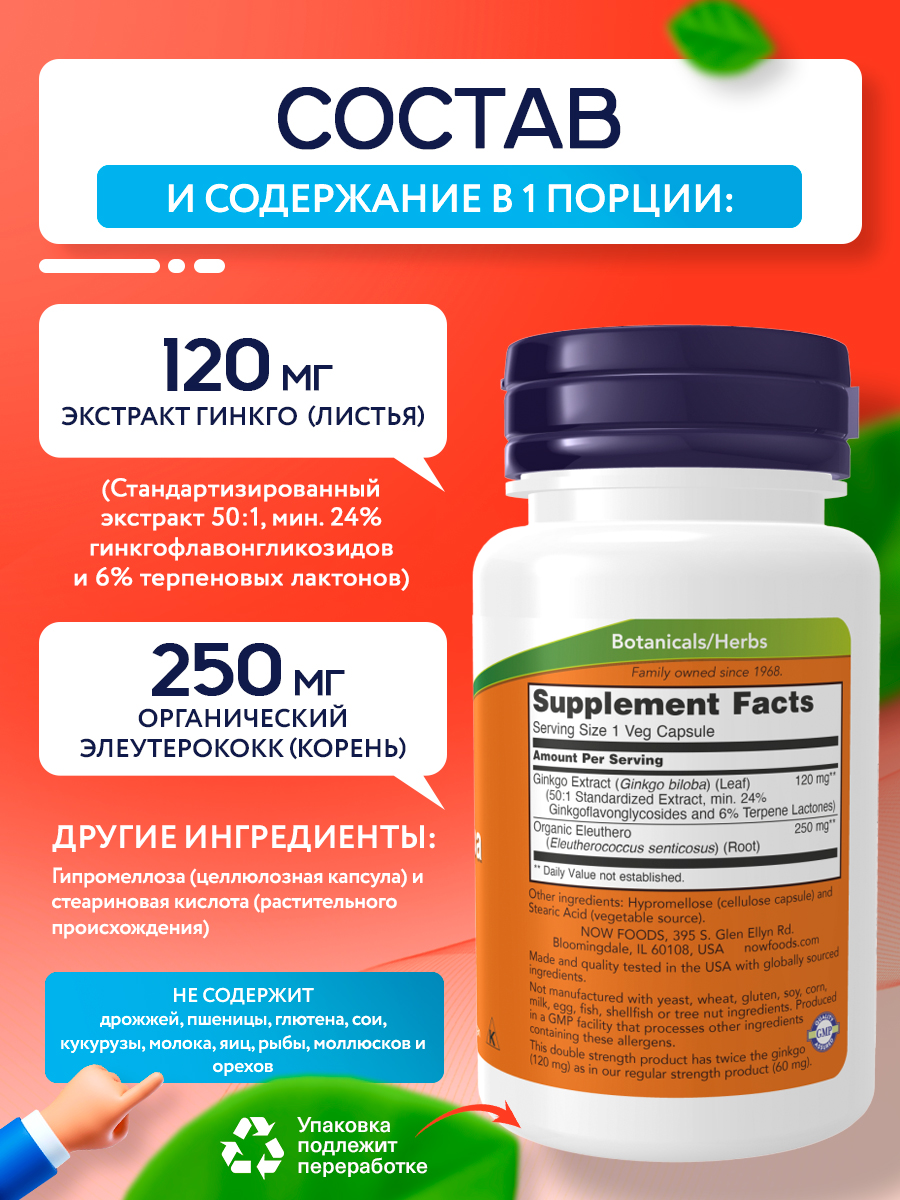 Now, Ginkgo Biloba 120 mg 50 капсул
