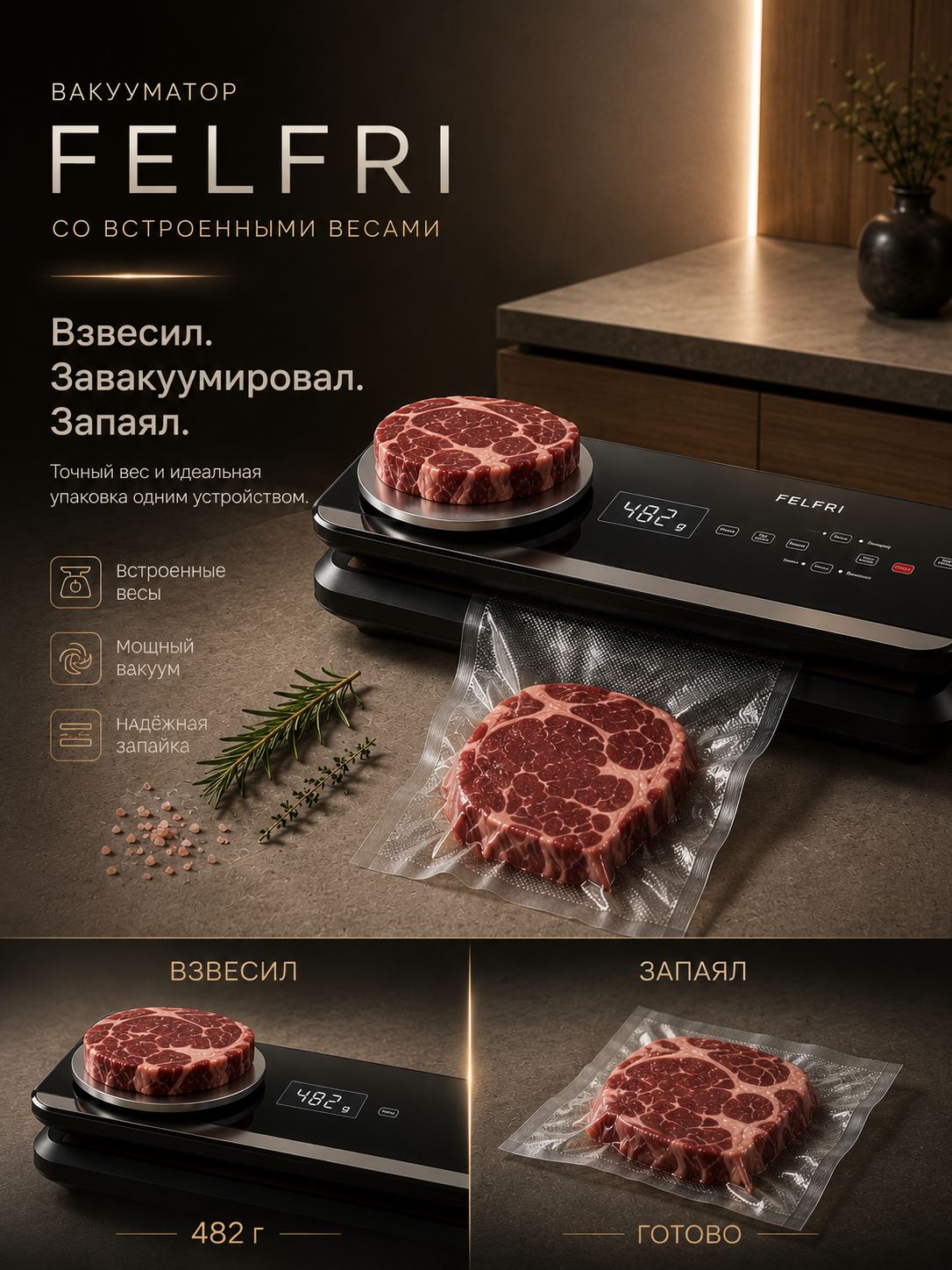 Вакууматор для продуктов мощный с весами, резаком и пакетами, внешнее вакуумирование, сила всасывание 85 КПА, мощность 130 Вт, 8 режимов + ручной контроль, FVP-007