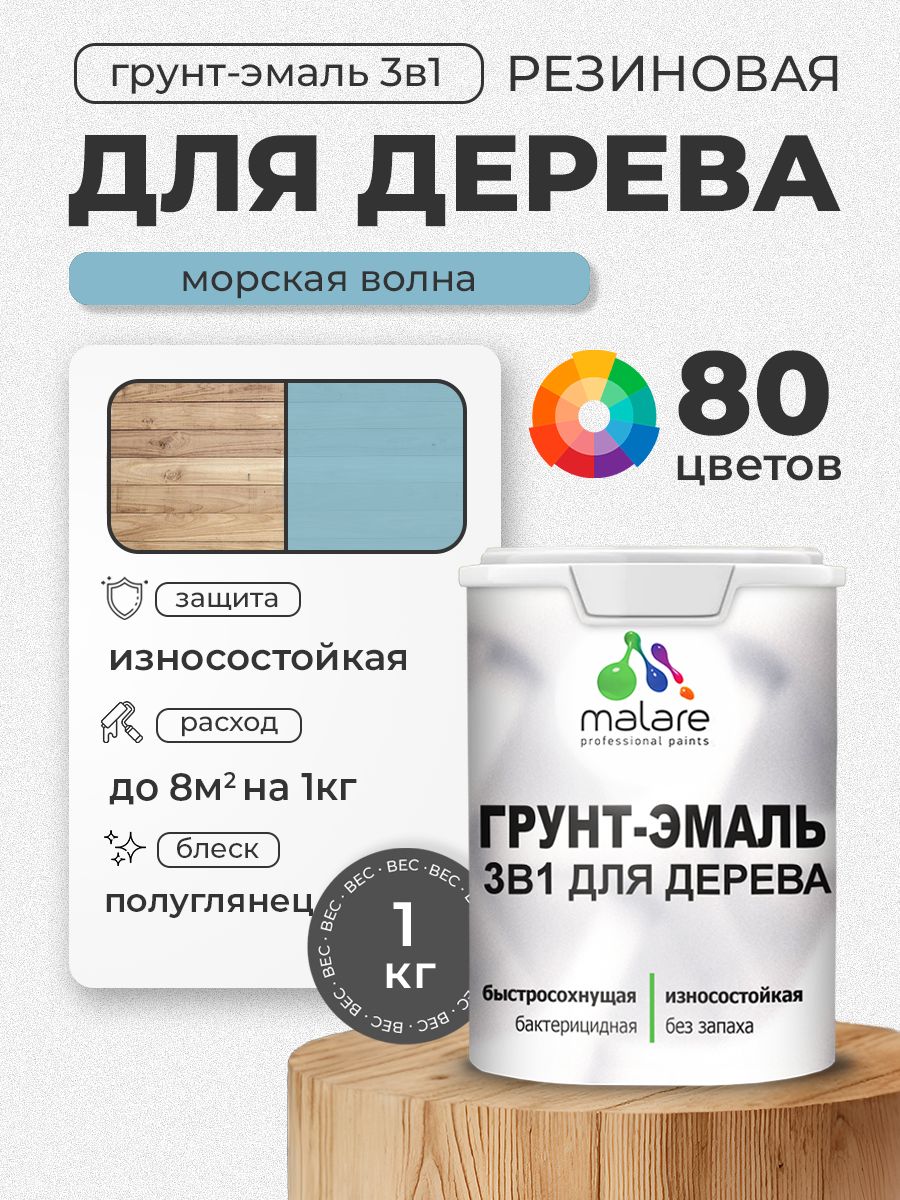Латексная Грунт-Эмаль 3 в 1 Malare для деревянных поверхностей с антисептическим эффектом, быстросохнущая моющаяся без запаха полуглянцевая, морская волна, 1 кг