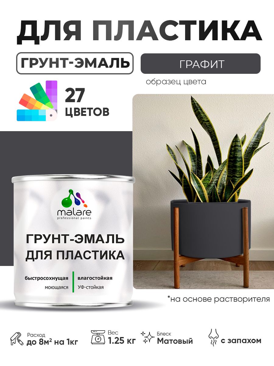Грунт-Эмаль для пластика Malare краска для пластика/ для сайдинга, для окон и подоконников ПВХ/ для внутренних и наружных работ, быстросохнущая RAL 7024 графитово-серый(темный), матовая, 1,25 кг