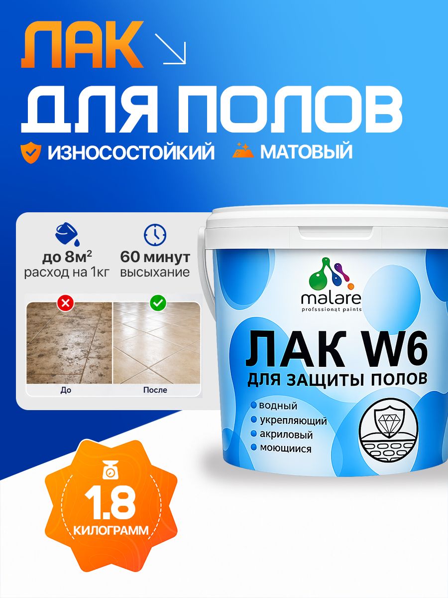 Лак для защиты пола Malare W6 для паркета и ламината, для мебели, для дерева и минеральных поверхностей, водный без запаха быстросохнущий, прозрачный матовый, 1.8 кг.