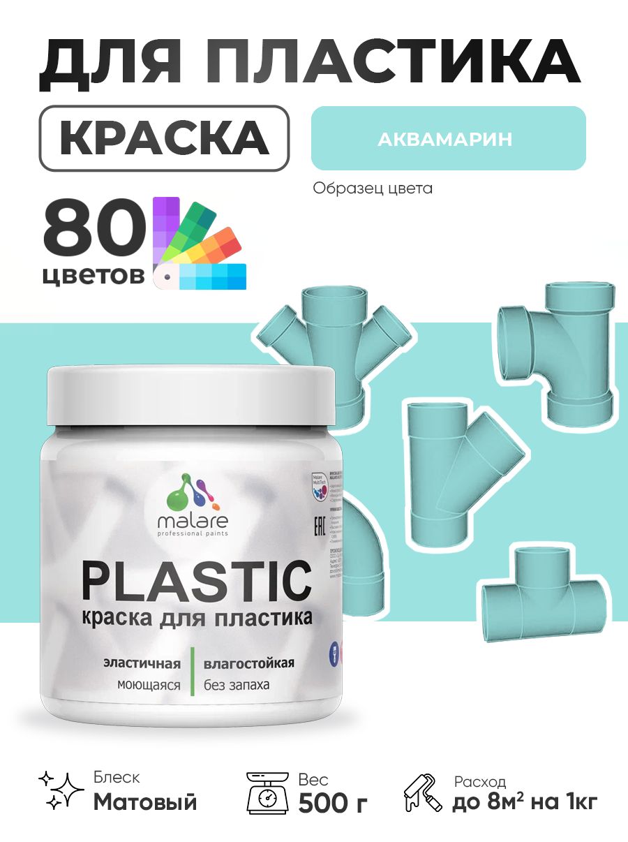 Акриловая краска для пластика Malare Plastic для пенопласта ПВХ сайдинга, для подоконников и откосов, быстросохнущая без запаха, матовая, аквамарин, 0.5 кг