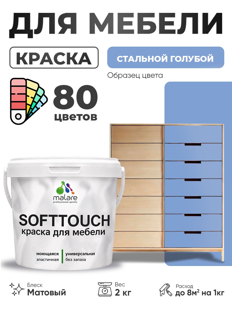 Акриловая краска для мебели Malare SoftTouch для кухонных фасадов для дерева и МДФ, моющаяся быстросохнущая, матовая, стальной голубой, 2 кг.