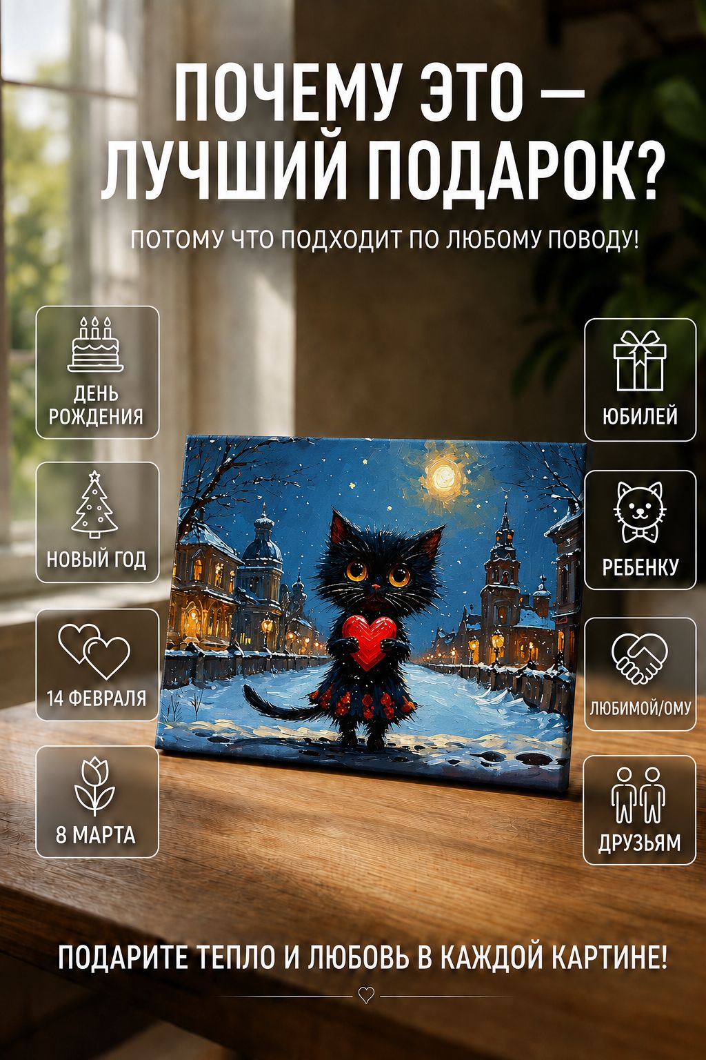 Кошечка с сердечком в зимней ночи
