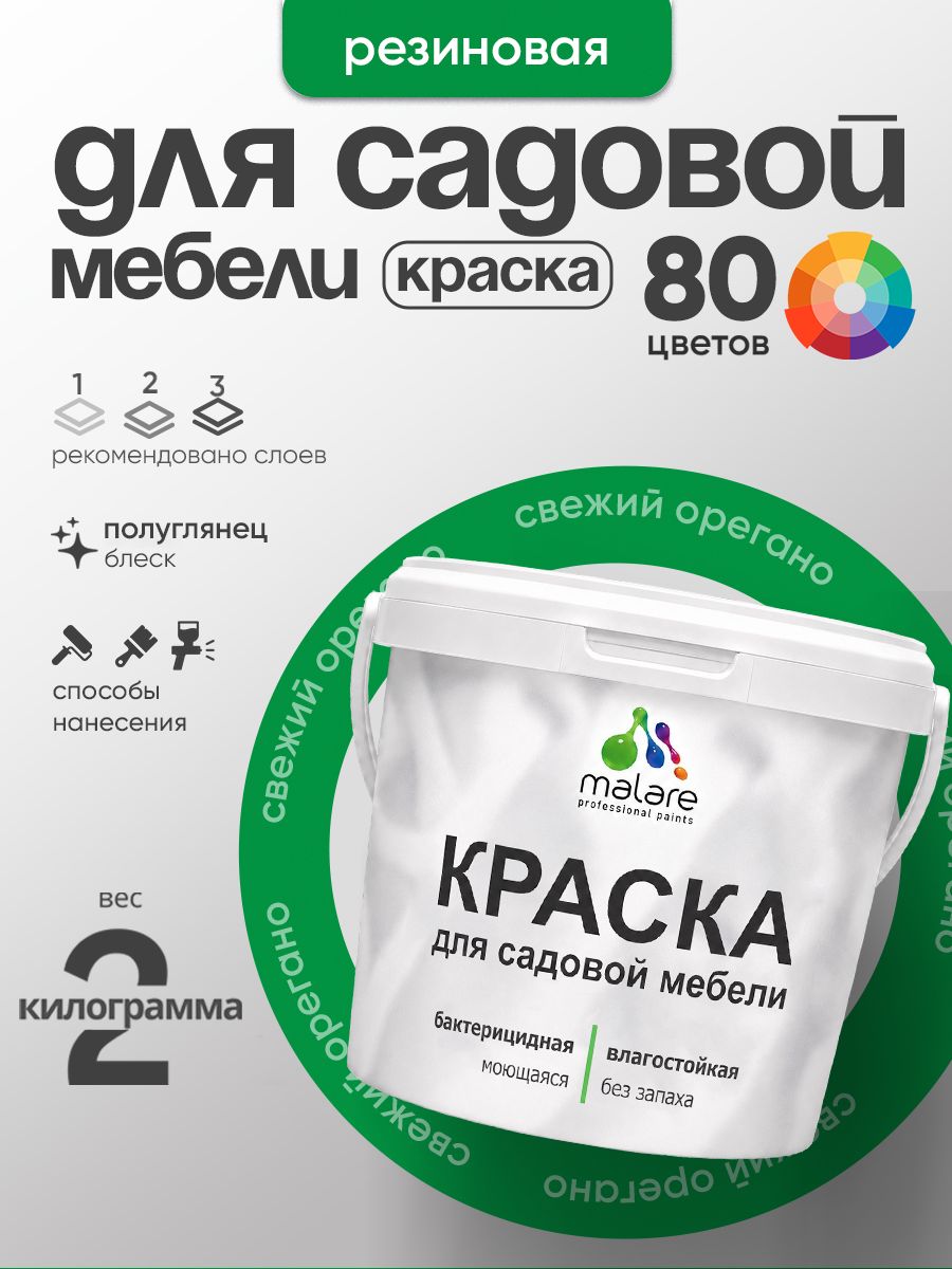 Резиновая краска Malare для садовой мебели/ по дереву, для наружных и внутренних работ/ быстросохнущая моющаяся без запаха полуглянцевая, свежий орегано, 2 кг