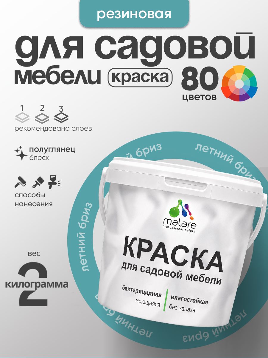 Резиновая краска Malare для садовой мебели/ по дереву, для наружных и внутренних работ/ быстросохнущая моющаяся без запаха полуглянцевая, летний бриз, 2 кг