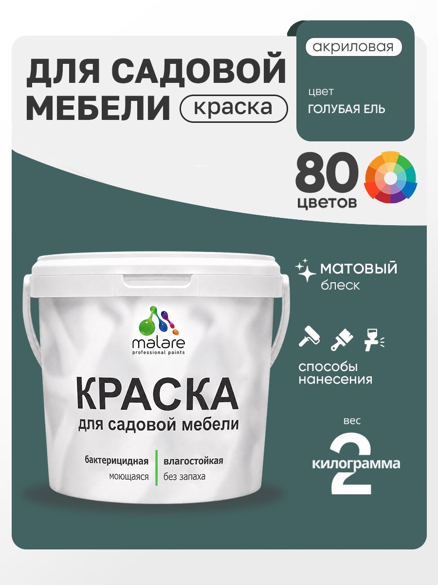 Акриловая краска Malare для садовой мебели/ по дереву, для наружных и внутренних работ/ быстросохнущая моющаяся без запаха матовая, голубая ель, 2 кг