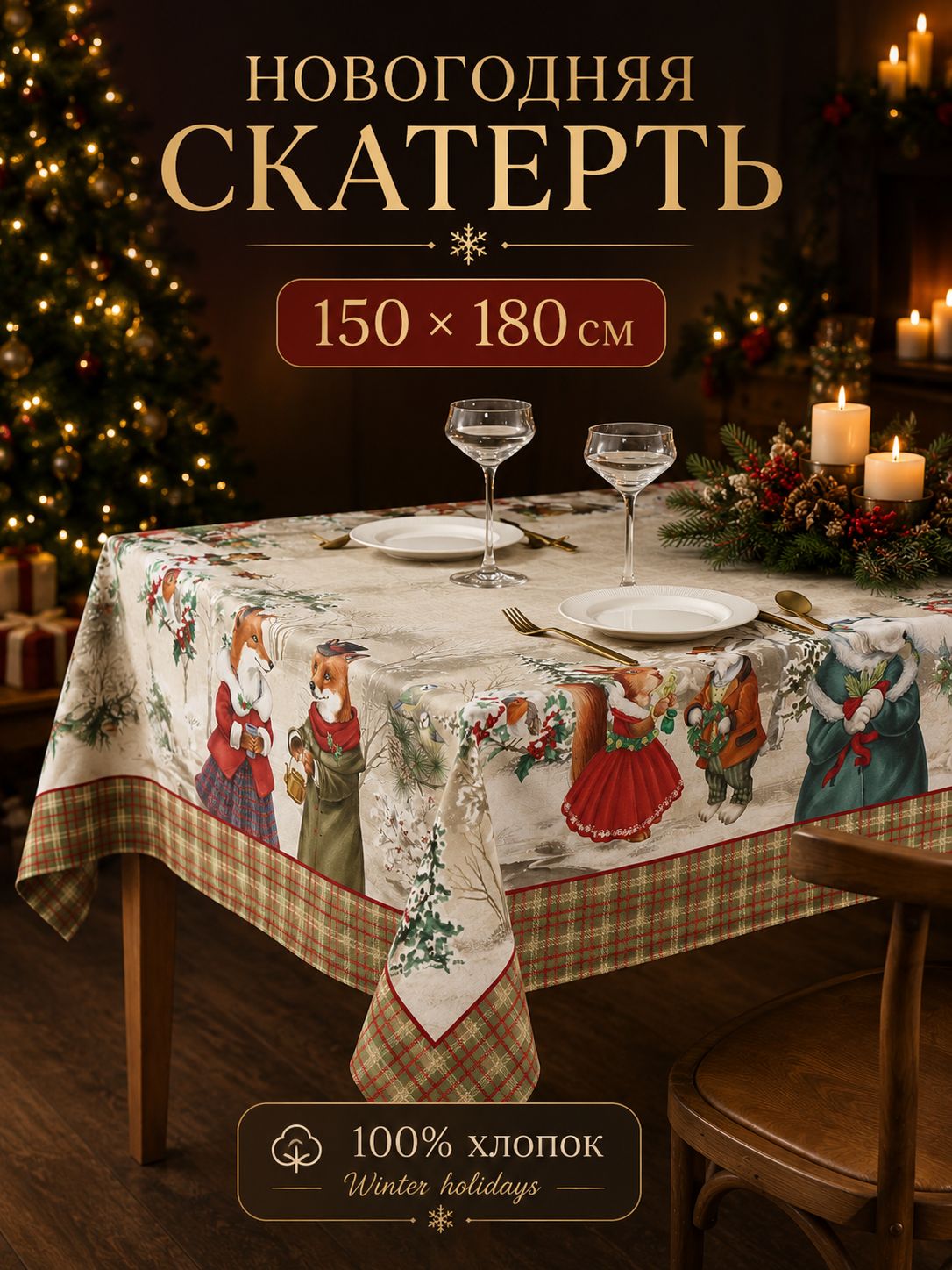 Скатерть новогодняя на стол "Winter holidays" 150х180 см, 100% хлопок, 195 г/м