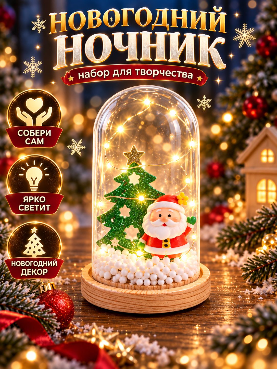 Набор для творчества новогодний, "Дед Мороз", NL117, 15 см, с игрушкой, ночник своими руками, новогодний подарок для детей 2027