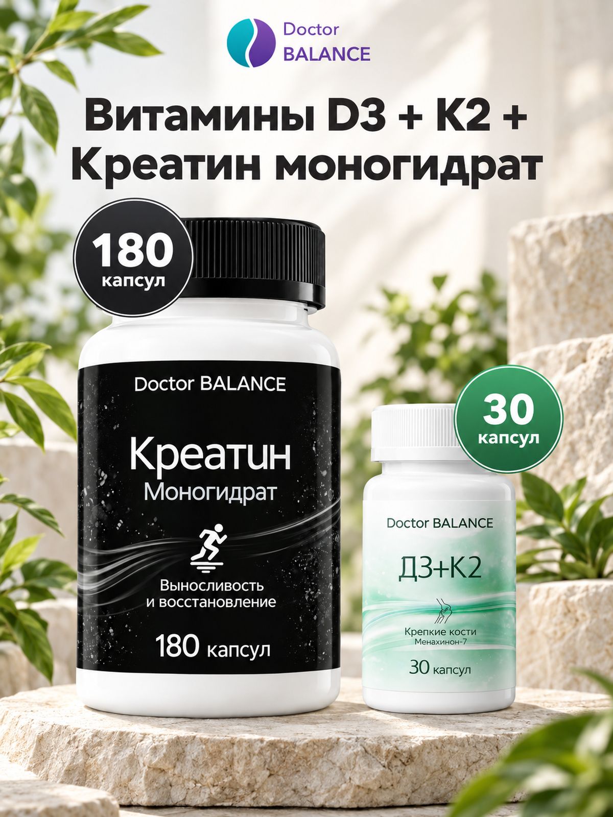 Набор Doctor Balance: Витамины D3 + K2 30 + Креатин моногидрат 650 мг 180