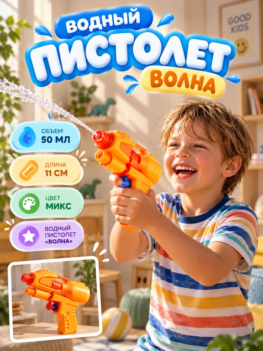 Водный пистолет "Волна" / Водяной пистолет 11 см.