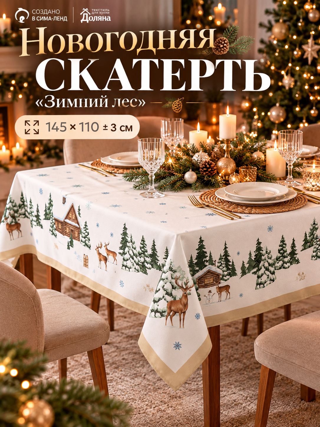 Скатерть новогодняя на стол "Зимний лес" 140х110 см, 156 г/м
