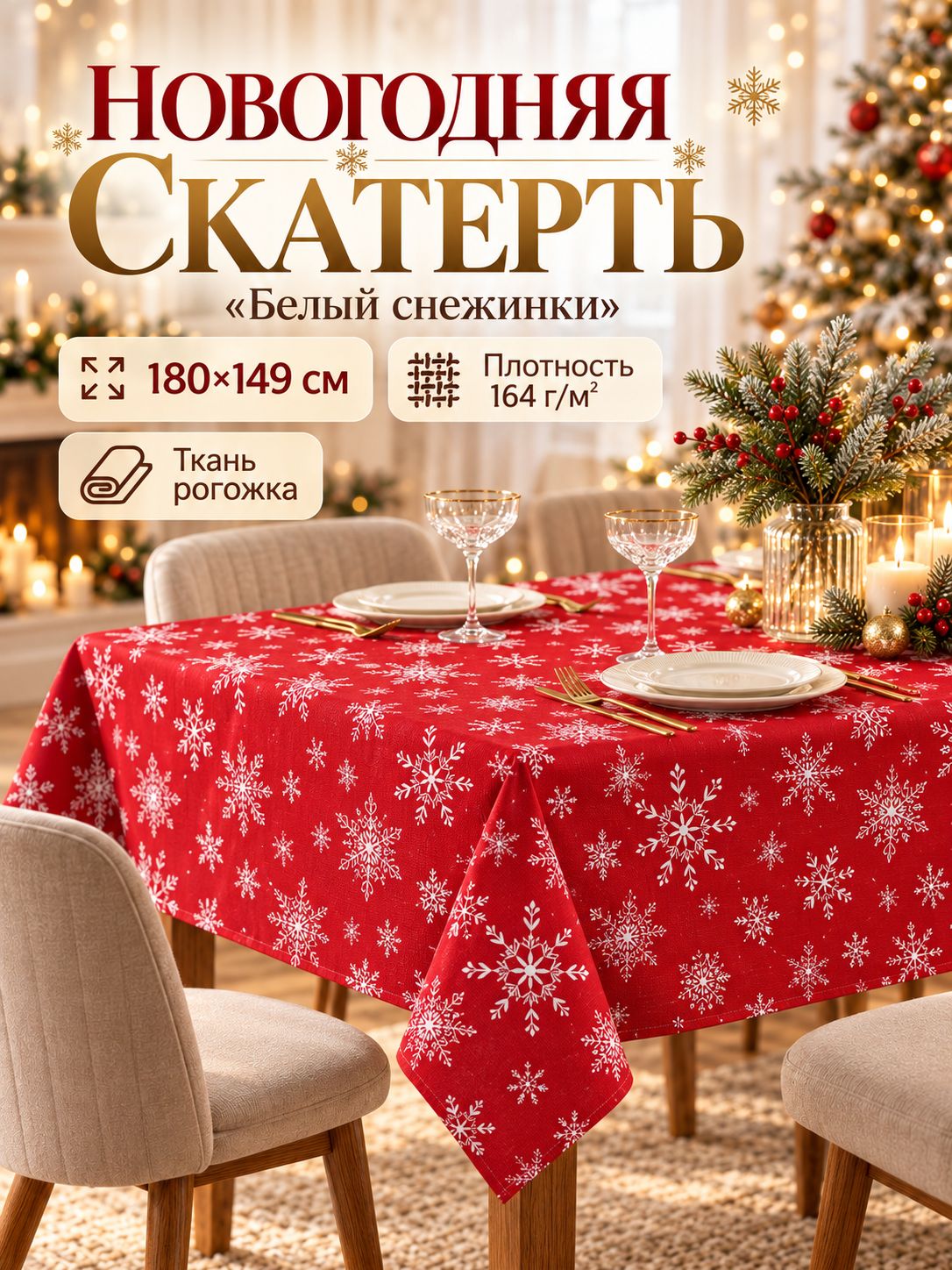 Скатерть новогодняя на стол "Белые снежинки" 180х149 см, 100% хлопок, 164 г/м