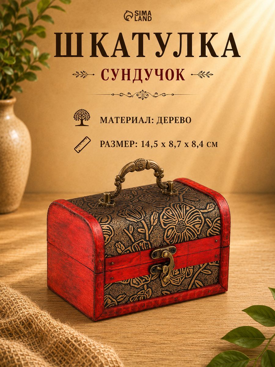 Шкатулка для украшений Сундучок с ручкой. Цветение , дерево, 8.4 14.5 8.7 см